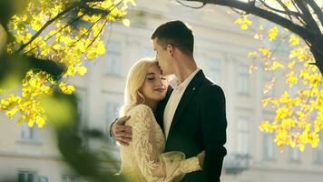 portrait de le la mariée et jeune marié sur le mariage journée permanent dans le l'automne parc et étreindre. video