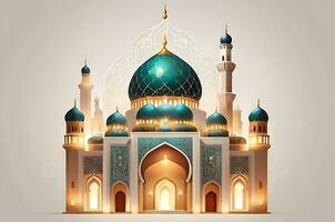 AI generated illustration of amazing architecture design of muslim mosque arabic lantern of ramadan celebration. photo