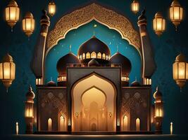 AI generated illustration of amazing architecture design of muslim mosque arabic lantern of ramadan celebration. photo