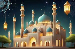 AI generated illustration of amazing architecture design of muslim mosque arabic lantern of ramadan celebration. photo