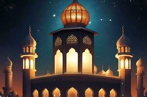 AI generated illustration of amazing architecture design of muslim mosque arabic lantern of ramadan celebration. photo