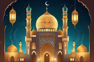 AI generated illustration of amazing architecture design of muslim mosque arabic lantern of ramadan celebration. photo