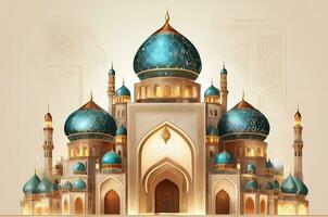 AI generated illustration of amazing architecture design of muslim mosque arabic lantern of ramadan celebration. photo