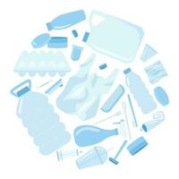 Plastic waste vector flat style set. Plactic trash elements in circle set.