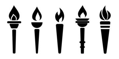 Icons torch with flame logo. Silhouette flaming torch set. vector