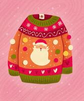 Cute Christmas sweater with Santa Claus and pom-poms. Colorful holiday illustration. photo