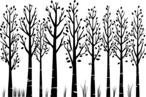 Black and White Vector Birch Tree Silhouette Background with Birds. AI generated illustration.