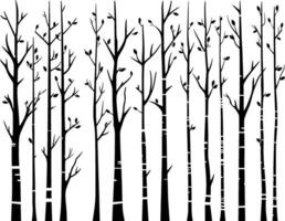 Black and White Vector Birch Tree Silhouette Background with Birds. AI generated illustration.