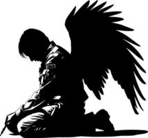 Military angel soldier with wings kneeling silhouette vector. AI generated illustration. vector