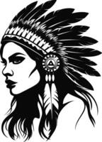 Young woman in costume of American Indian. Silhouette of beautiful Indian women. AI generated illustration. vector