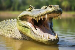 AI generated Crocodile with its mouth wide open with a green lake in the green background. AI Generated photo