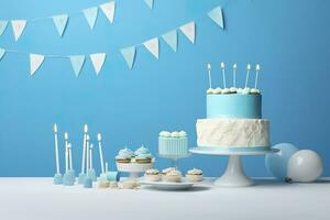 AI generated Birthday cake with candles and sweets on white table near blue wall. Generative AI photo