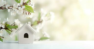 AI generated Toy house and cherry flowers, spring abstract natural background. Generative AI photo