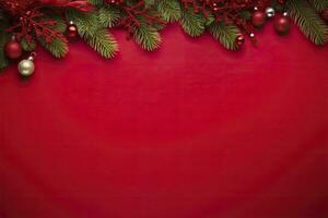 AI generated Christmas or New Year red background with fir decor. AI Generated photo