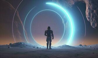 AI generated Astronaut in front of dimensional portal.  AI Generated. photo