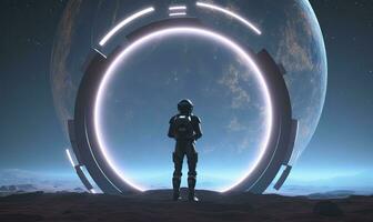 AI generated Astronaut in front of dimensional portal.  AI Generated. photo