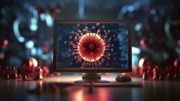 ai generado computadora pantalla demostración un instalando actualizar notificación con un virus símbolo, ai generativo foto