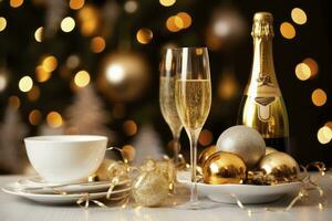 AI generated Christmas table setting with holiday decorations in gold color. AI Generated photo