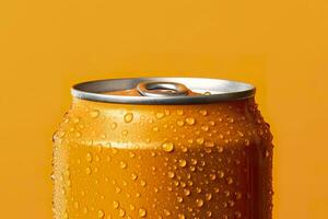 AI generated Can of fresh soda with water drops on orange background, closeup. Generative AI photo
