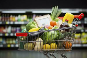 AI generated Close up of full shopping cart in grocery store. AI Generated photo