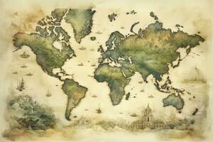 AI generated Great detailed illustration of the world map in vintage style. AI Generated photo