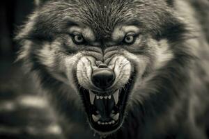 AI generated Greyscale closeup shot of an angry wolf with a blurred background. AI Generated photo