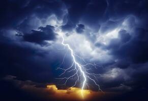 AI generated Lightning strikes on a cloudy dramatic stormy sky. AI Generated photo