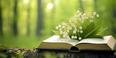AI generated Lily of the Valley flowers and old books in the forest, green natural background. AI Generated photo