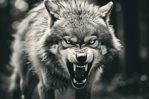 AI generated Greyscale closeup shot of an angry wolf with a blurred background. AI Generated photo