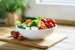 ai generado cocina todavía vida con blanco cuenco de lavado vegetales en de madera escritorio. ai generado foto