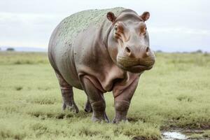 ai generado hipopótamo caminando en un verde campo. ai generado foto