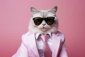 AI generated A cat is wearing sunglasses and suit on Pink Background. AI Generated photo