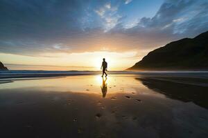 ai generado un persona caminando en el playa a puesta de sol. ai generado. foto