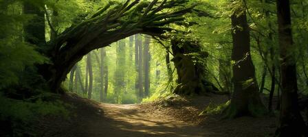 AI generated Natural archway shaped by branches in the forest. AI Generated photo