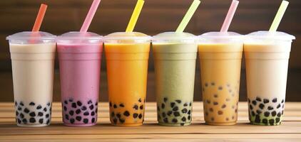 AI generated Plastic cups of different tasty bubble tea on wooden background. Generative AI photo