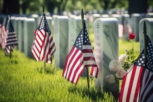 AI generated Military Headstones and Gravestones Decorated With Flags for Memorial Day.  AI Generated photo