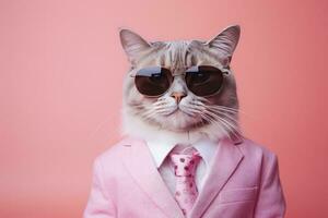 ai generado un gato es vistiendo Gafas de sol y traje en rosado antecedentes. ai generado foto