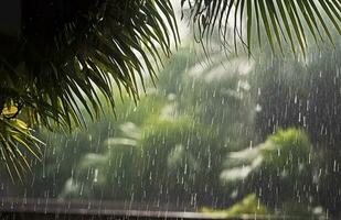 ai generado lluvia en el zona tropical durante el bajo temporada o monzón estación. gotas de lluvia en un jardín. generativo ai foto