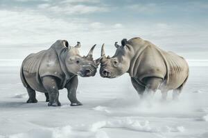 AI generated Two Rhinoceros getting ready for fight on Ice. AI Generated photo