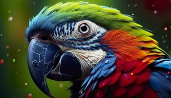 AI generated Tropical macaw perched, vibrant feathers in focus. Generative AI photo