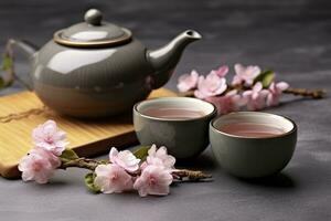 AI generated Traditional ceremony. Cups of brewed tea, teapot and sakura flowers on grey table. Generative AI photo