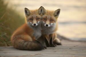 AI generated Wild baby red foxes cuddling at the beach. Generative AI photo