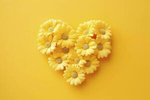AI generated Yellow Heart Shaped By Yellow Daisies Over Yellow Background. AI Generated photo