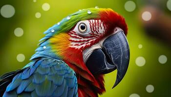 AI generated Tropical macaw perched, vibrant feathers in focus. Generative AI photo