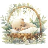 AI generated A sleepy baby bear in a bedding. watercolor illustration. AI Generated photo