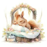 AI generated A sleepy baby squirrel in a bedding. watercolor illustration. AI Generated photo
