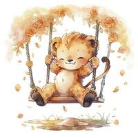 AI generated Cute and happy baby lion on swings on the tree in watercolor style. AI Generated photo