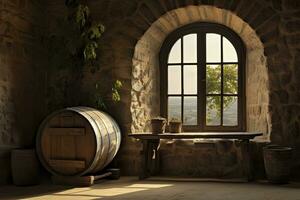 AI generated Barrel in an ancient castle beside the window. AI Generated photo