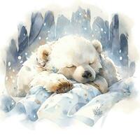 AI generated A sleepy baby white bear in bedding. watercolor illustrations. AI Generated photo