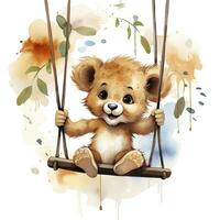 AI generated Cute happy baby lion on swings attached to the tree in watercolor style. AI Generated photo